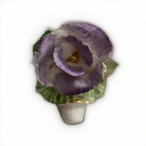 Purple Rose Shoe ceramic Figurine Hand Made TET China Clay Green Leaf Vintage - Picture 11 of 11